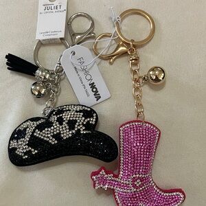 Black Cowboy Hat and Pink Boot Rhinestone Bag Charm/Keychain Set of 2